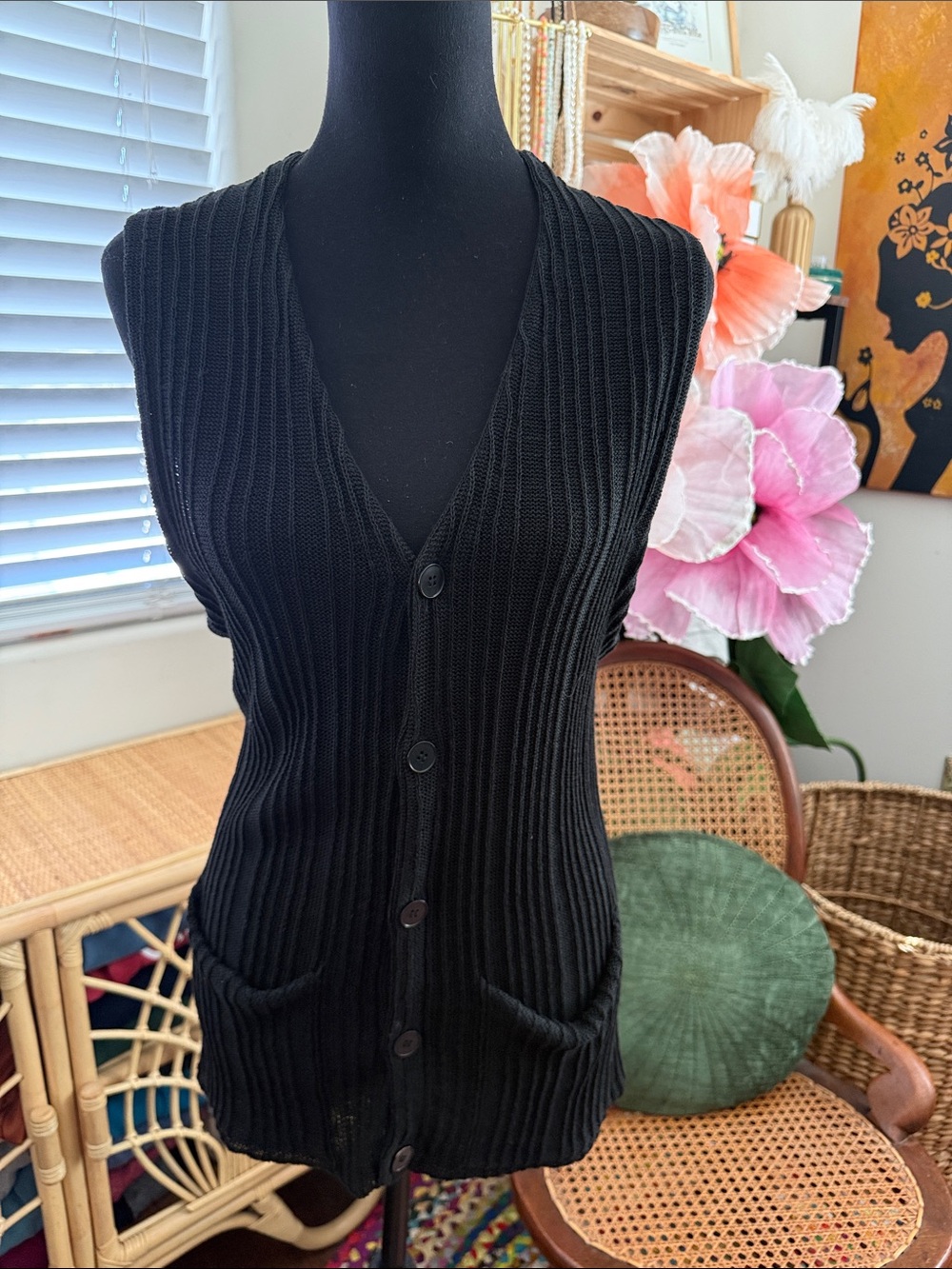 Vintage 90s CK Calvin Klein Carolyn Bessette Black Linen Ribbed Longline Vest